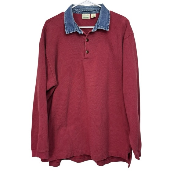 Vintage 80s 90s LL Bean Size Large Denim Collar Rugby Polo Long Sleeve Shirt - Picture 1 of 5